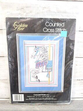 Golden Bee Carousel Blue Horse Cross Stitch Kit